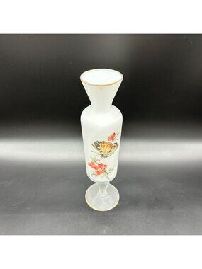 Vintage Satin Glass Vase Butterfly Floral Twisted Pedestal Gold Trim Frosted